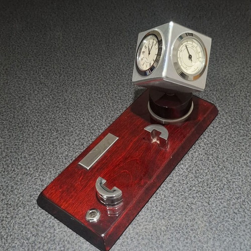 Vintage office set with rotating cube clock, thermometer & hygrometer on wooden base like new