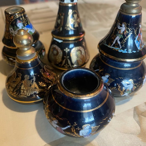 Perfume bottles used, set of 5, vintage Greek Bardaco in black ceramic