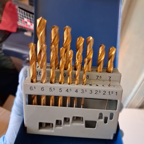HSS drill bit set used, 14 pieces in metal case