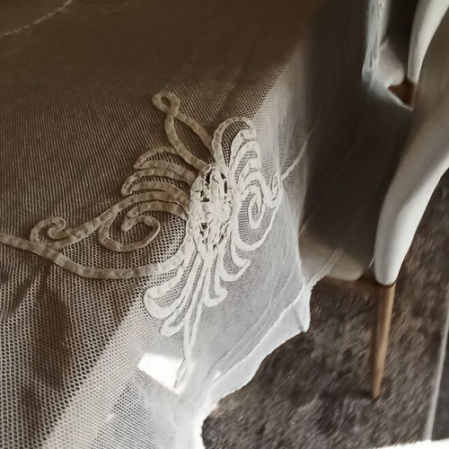 Lace tablecloth used, handmade filet lace, white