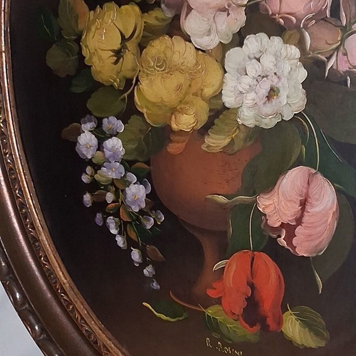 R. Rosini Large Collectible Italian Oil Painting on Wood with Flowers like new