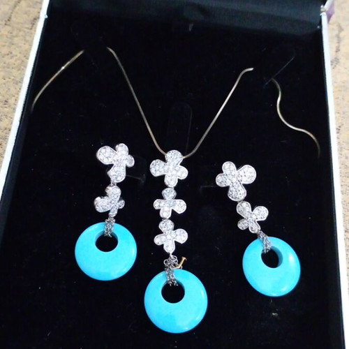 Silver women's jewelry set 925 with turquoise earrings and necklace