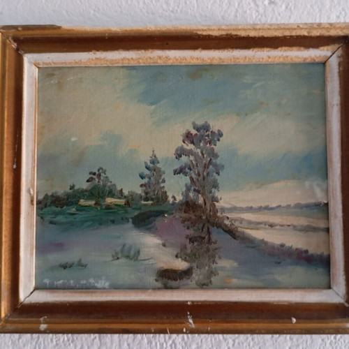 Retro landscape oil painting used, impressionist style with river and trees