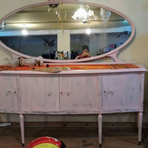 Buffet with mirror used, 230x102x50 cm, chalk white pink color, bronze base