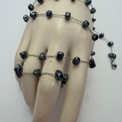 Rosary necklace with hematite beads, platinum plated, new