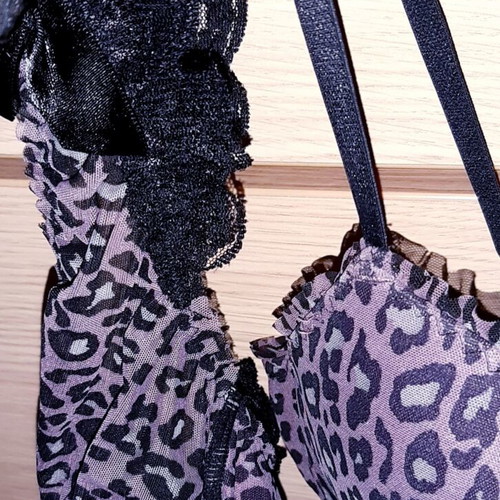 Zara/Ousho lingerie set 80B bra M/L thong, new, animal prints purple and black