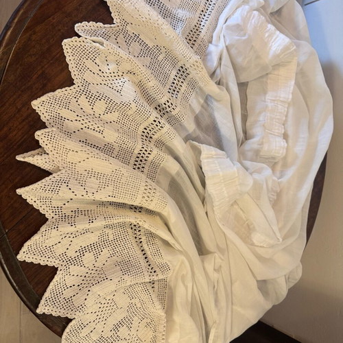 Handmade curtain with knitted lace trim like new, white