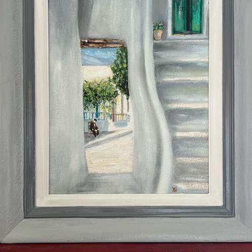 Oil painting used, Greek village scene by K.K. Konstantinou Kevga, 1980