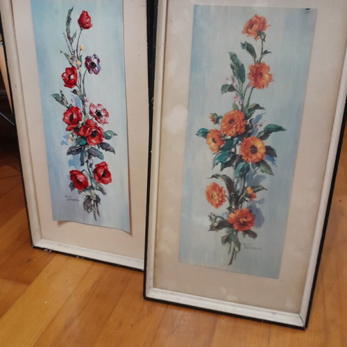 Vintage floral paintings set by T. Guerrero mid-century, like new