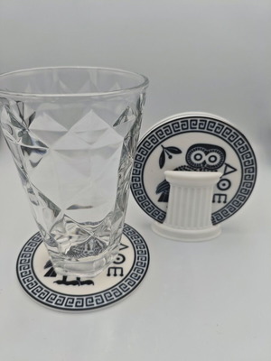 3D Printed Coaster Set Athens Owl 5 Pieces with Column Stand new