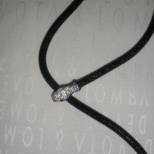 Women's long snake-style necklace, black with silver crystals