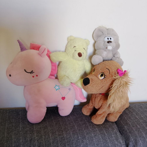 Set of 4 Plush Toys including Interactive Dog with Sound, Unicorn, Winnie & Mouse