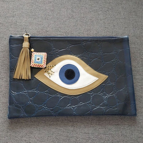 Handmade blue leatherette clutch bag with embroidery and zipper