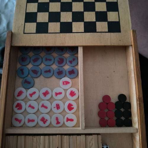 Mini travel chess set used with chess, checkers, backgammon and dominoes