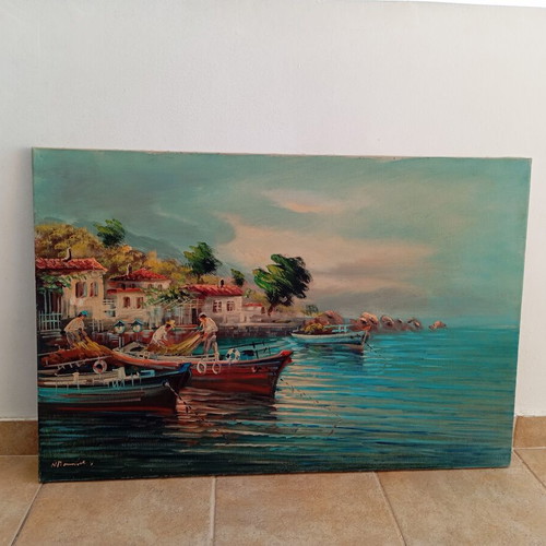 Oil Painting on Canvas by Nikos Papadopoulos, Like New, Island Theme