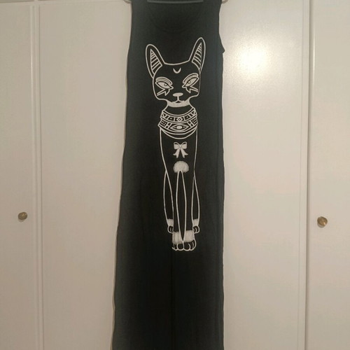 Gothic long black dress with Egyptian cat design used