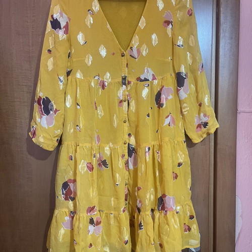 Sézane Aure silk dress used, yellow with gold floral details