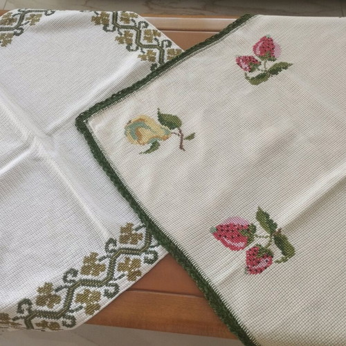 Set of 2 Handmade Embroidered Table Linens like new, traditional cross-stitch