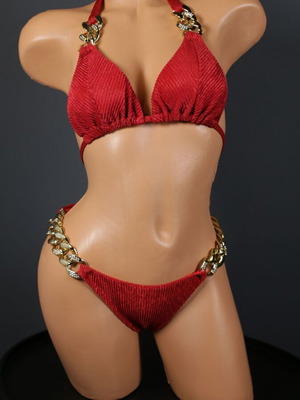 Two-piece bikini red glitter new with gold rings and shiny stones