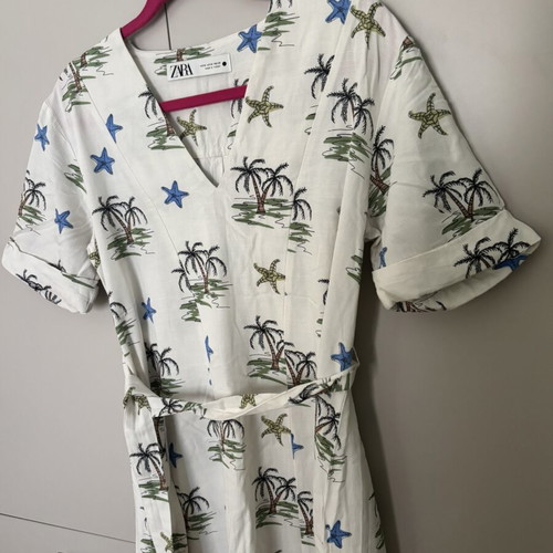 Zara summer tropical dress white with palm trees and starfish like new