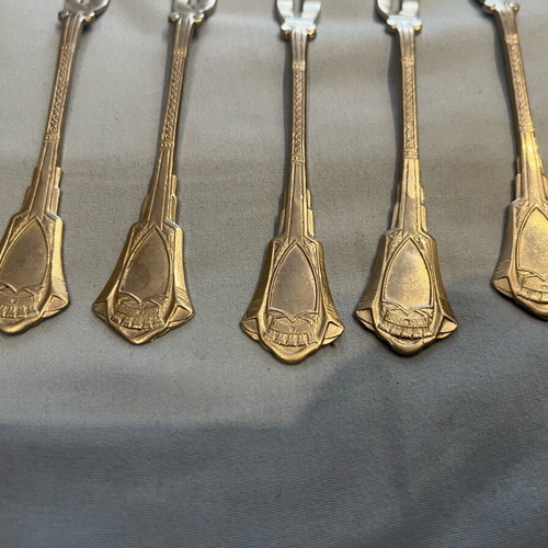 Art Deco gold-plated fruit fork set USSR 1970s, like new