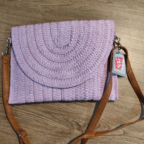 Lilac straw handbag with brown strap new