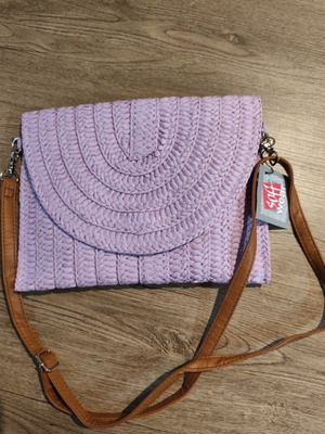 Lilac straw handbag with brown strap new
