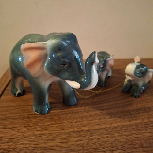 Elephant with 2 Porcelain Baby Elephants Vintage Decorative 1980s