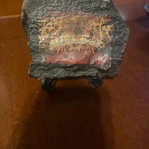Byzantine icon of the Last Supper used, hand-painted on stone