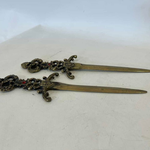 Set of 2 vintage letter openers medieval style with ornate handles 19cm used