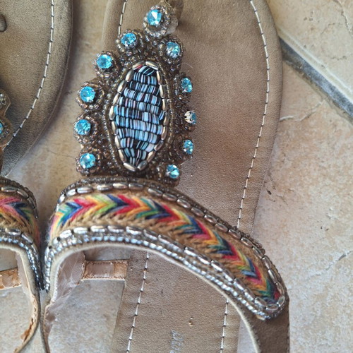 Sandals new, ethnic style, beige and multicolor, size 39