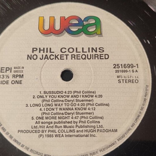 Phil Collins No Jacket Required vinyl record used, scratched, no cover