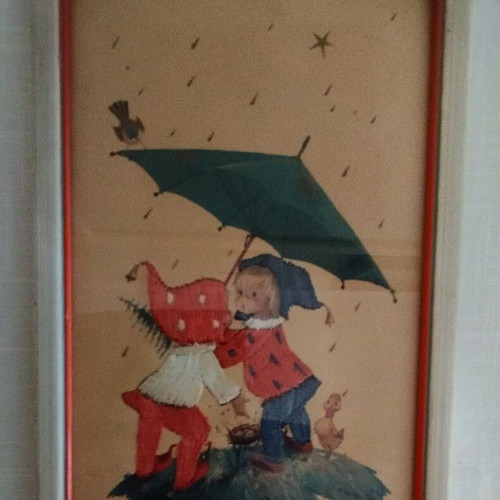 Embroidery framed picture used, 1960s, on paper 20x14cm