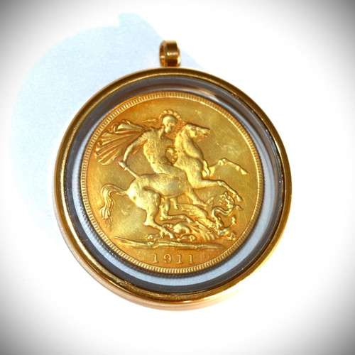 English Gold Pound Pendant 22K Gold Plated in Glass Case