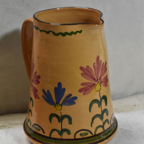 Handmade ceramic jug with painted flowers like new