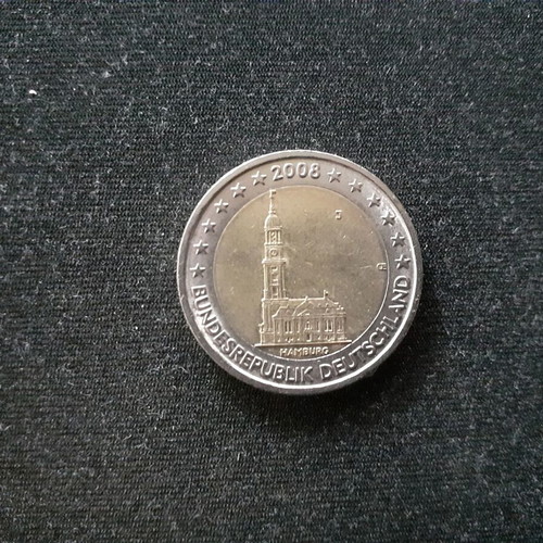 Commemorative 2 euro coin used, Germany 2008, St. Michael's Church Hamburg