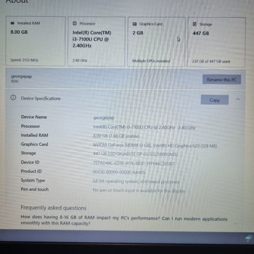 Lenovo Laptop i3 7100u Nvidia 940mx 8GB DDR4 500GB SSD Windows 10 Pro