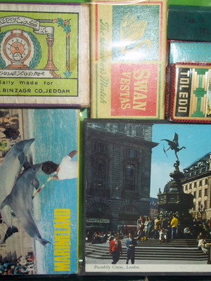 Matchboxes used, pack of 8 with various designs from England, Majorca, Jeddah, Toledo, and Japan