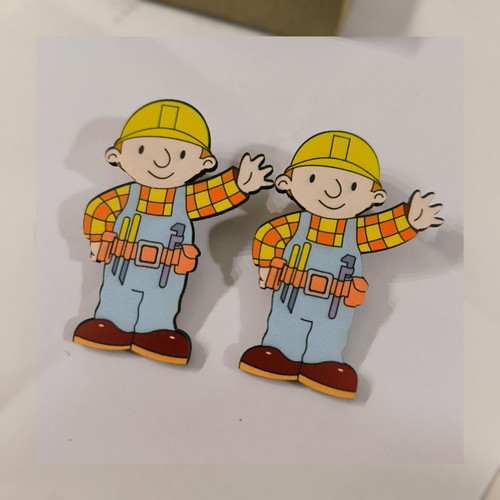 Bob The Builder wooden handmade earrings with stud fastening