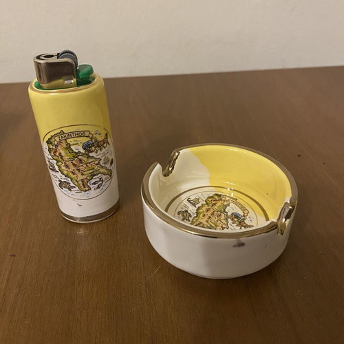 Vintage Zakynthos set with ceramic ashtray and refillable lighter