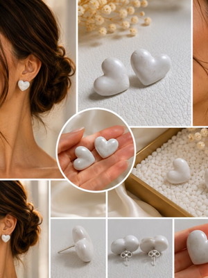 Pearl White Earrings handmade heart-shaped polymer clay