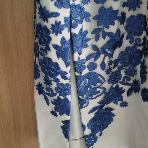 Handmade beige dress with blue embroidery and tulle, size XL