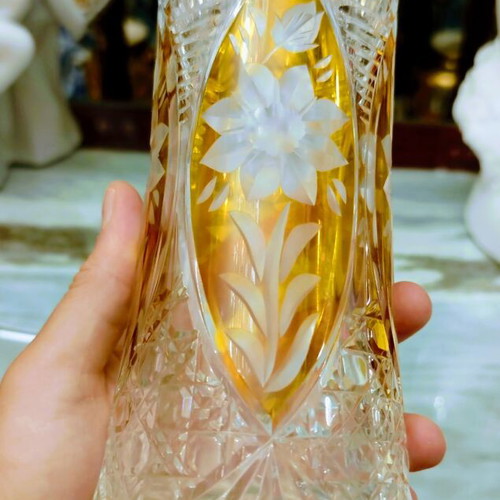 Bohemian Crystal Vase hand-cut with carved flowers, like new