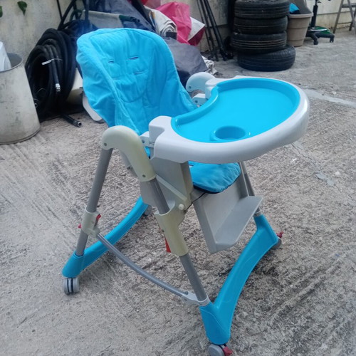 Folding Baby Highchair used, blue with wheels and brakes
