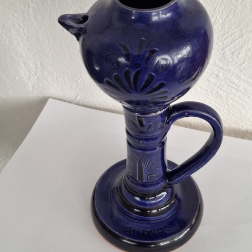 Handmade ceramic oil lamp with Sifnos style, cobalt blue, like new