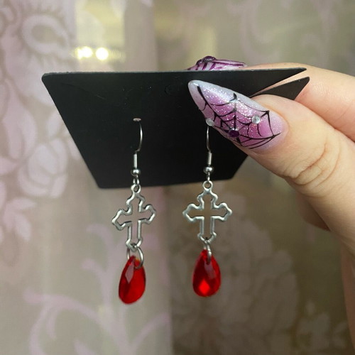 Gothic vampire cross earrings new with red crystals and steel hooks