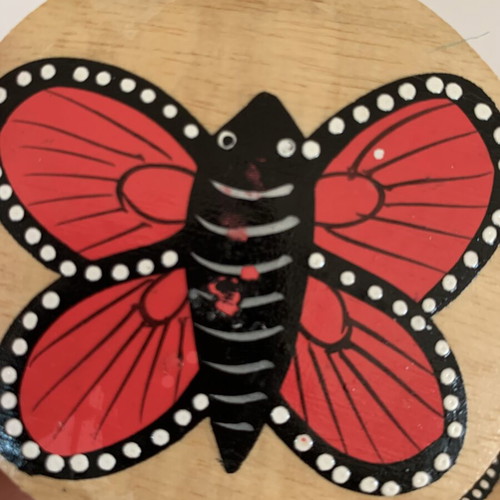 Wooden coasters with holder, handmade, like new, butterfly design, set of six