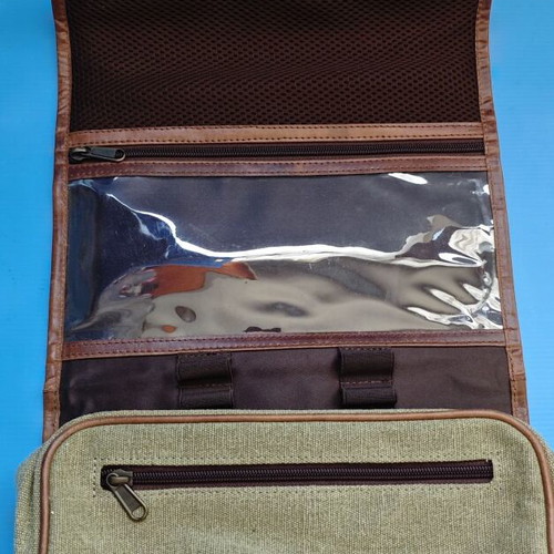 Moonster Toiletry Bag New, Genuine Buffalo Leather and Green Fabric