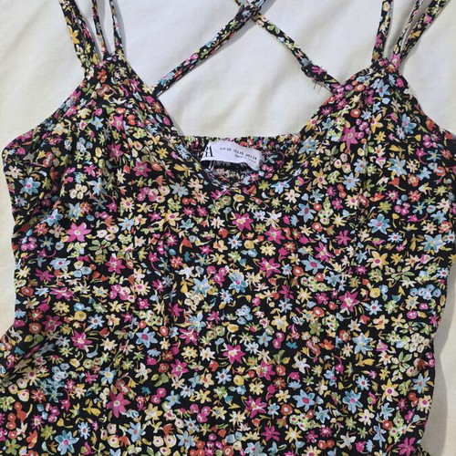 Zara long black dress with floral print, adjustable straps and leg slit like new
