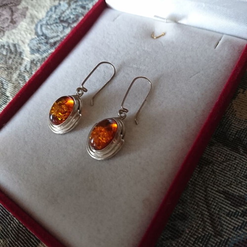 Silver earrings classic style with natural Baltic amber like new